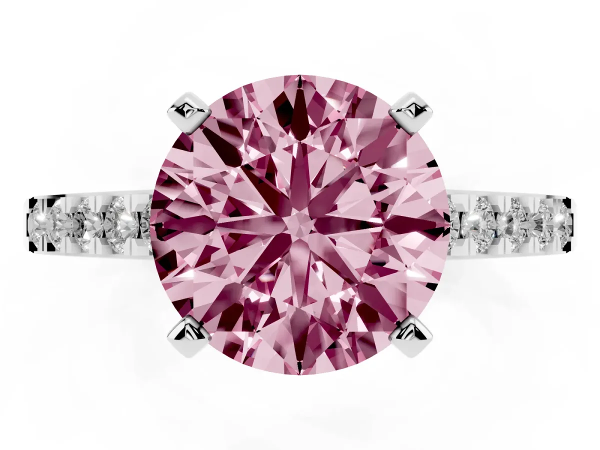 Fancy Pink Round Cut Diamond Solitaire Ring with Crossover Gallery and Round Pavé Band Silver
