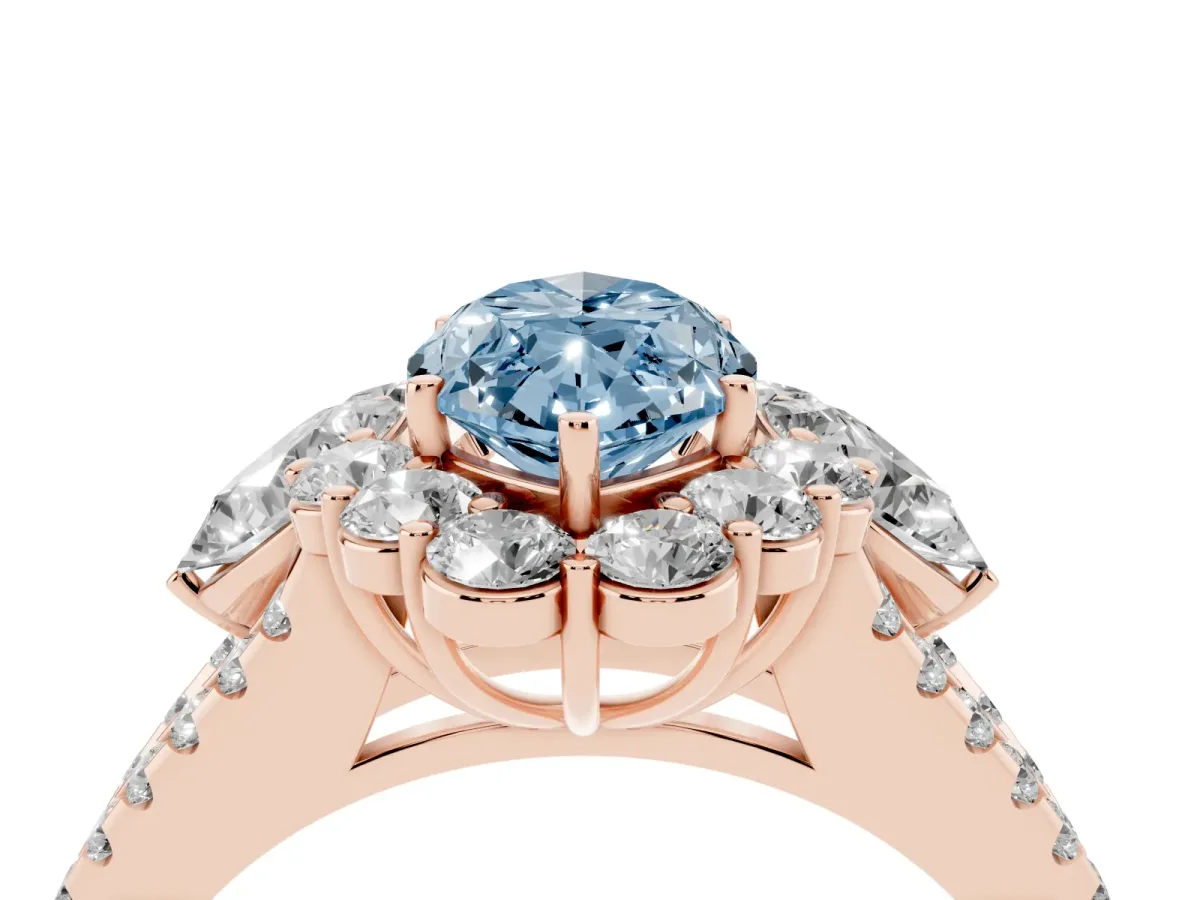 Fancy Blue Marquise Cut Halo Split Shank Diamond Engagement Ring with Prong Setting Rose gold
