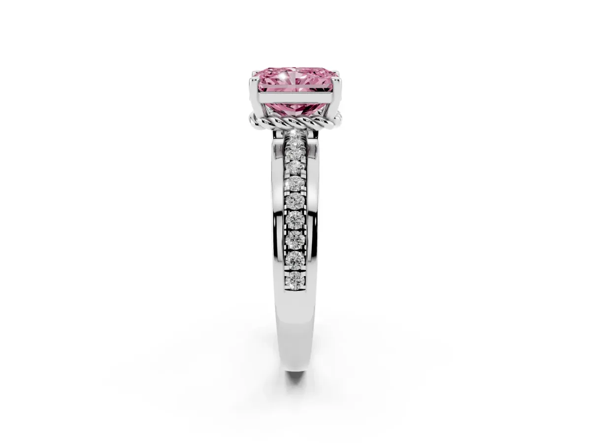 Fancy Pink Radiant Cut Solitaire Diamond Ring with Channel Set Band and Six-Prong Setting Silver