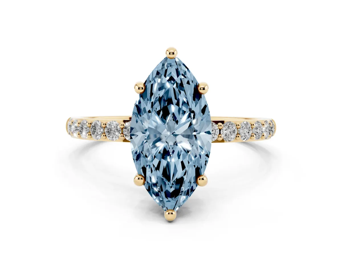 Fancy Blue Marquise Cut Diamond Solitaire Ring with Round Pavé Band and Prong Setting Yellow gold
