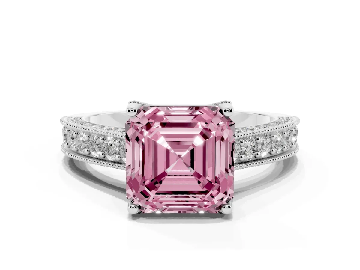 Fancy Pink Asscher Cut Cut Diamond Solitaire Ring with Milgrain Pave Band and Four Prong Setting Silver