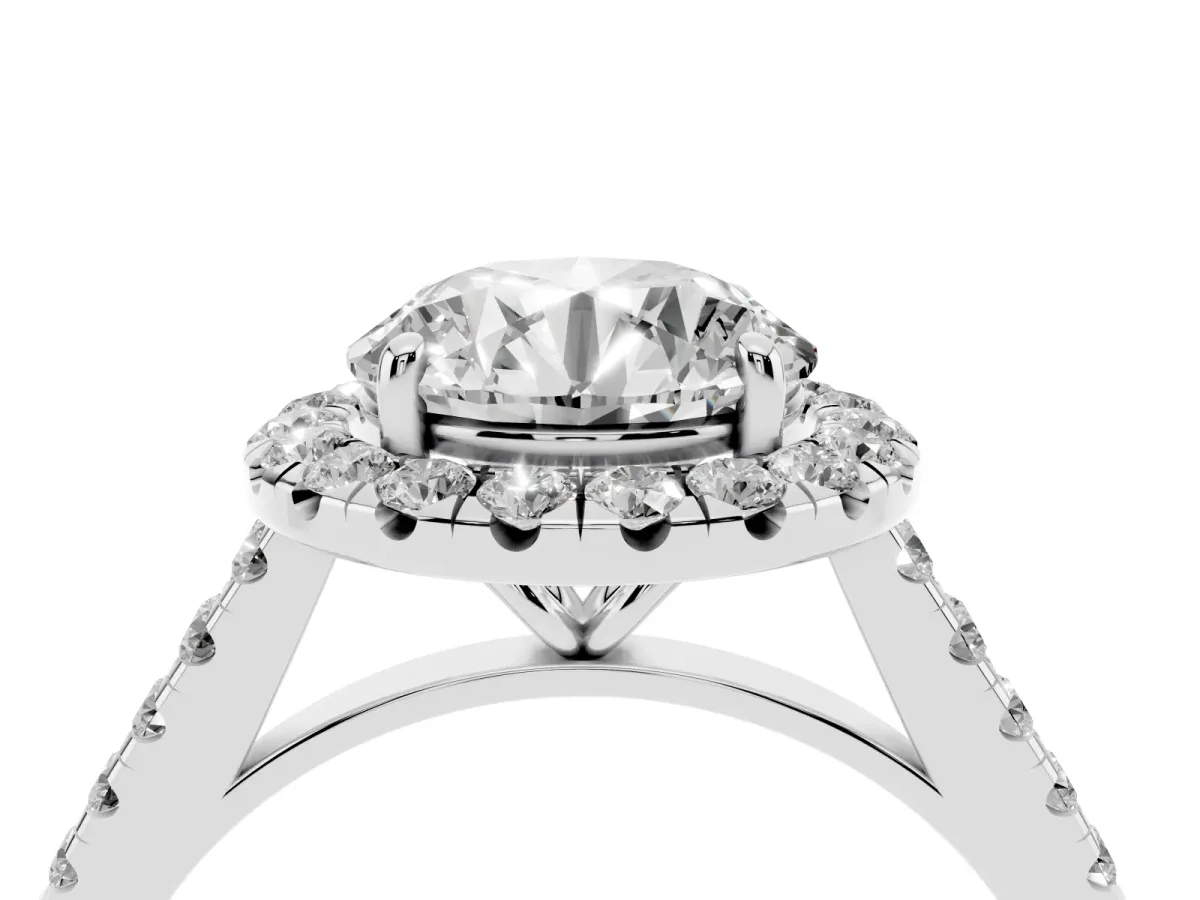 Round Cut Halo Pave Diamond Engagement Ring with Four-Prong Setting Silver