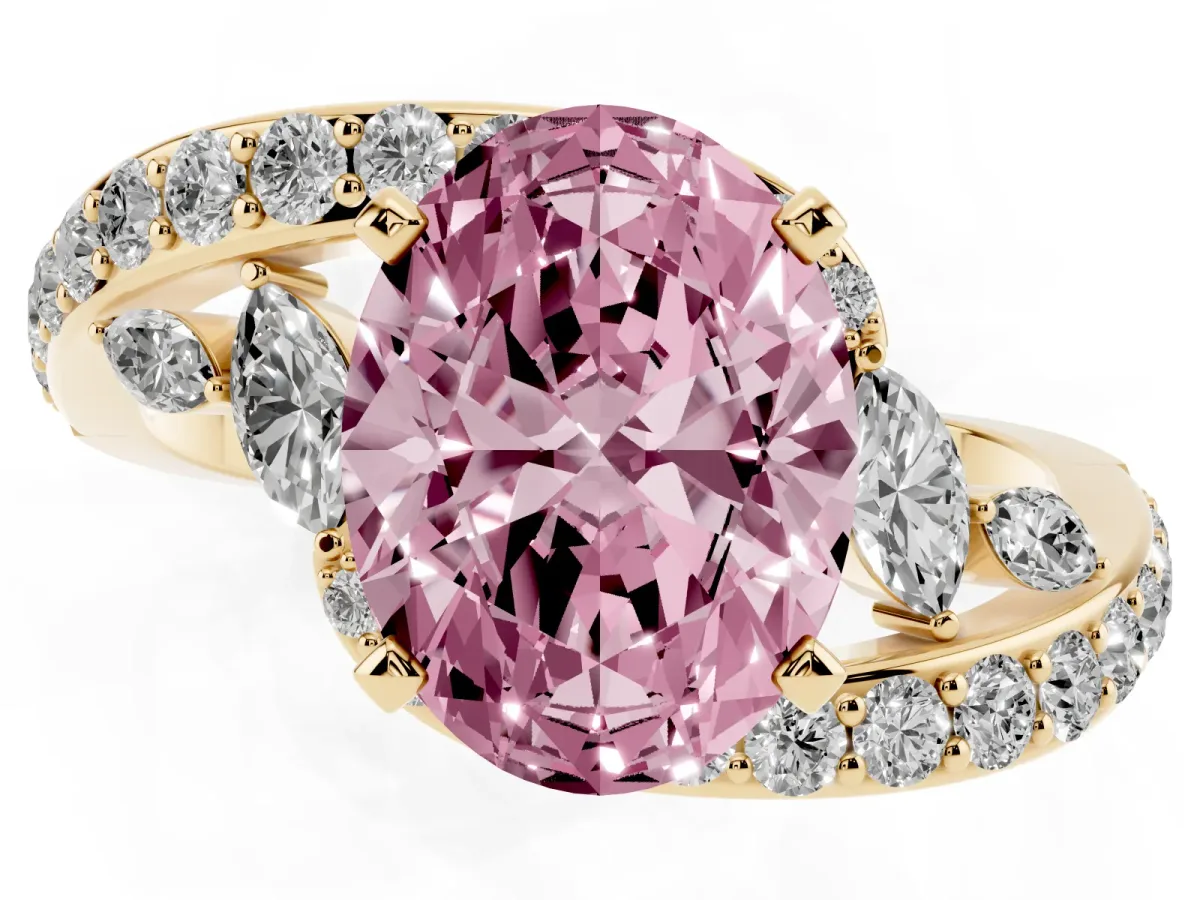 Fancy Pink Oval Cut Solitaire with Pavé Twist Band and Four-Prong Setting Yellow gold
