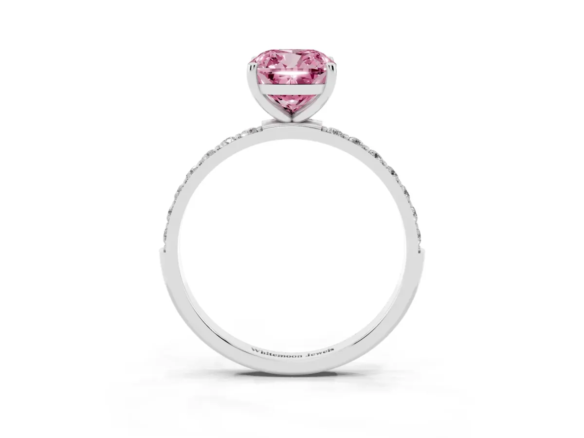 Fancy Pink Cushion Cut Diamond Solitaire Ring with Round Pavé Shoulders and Prong Setting Silver
