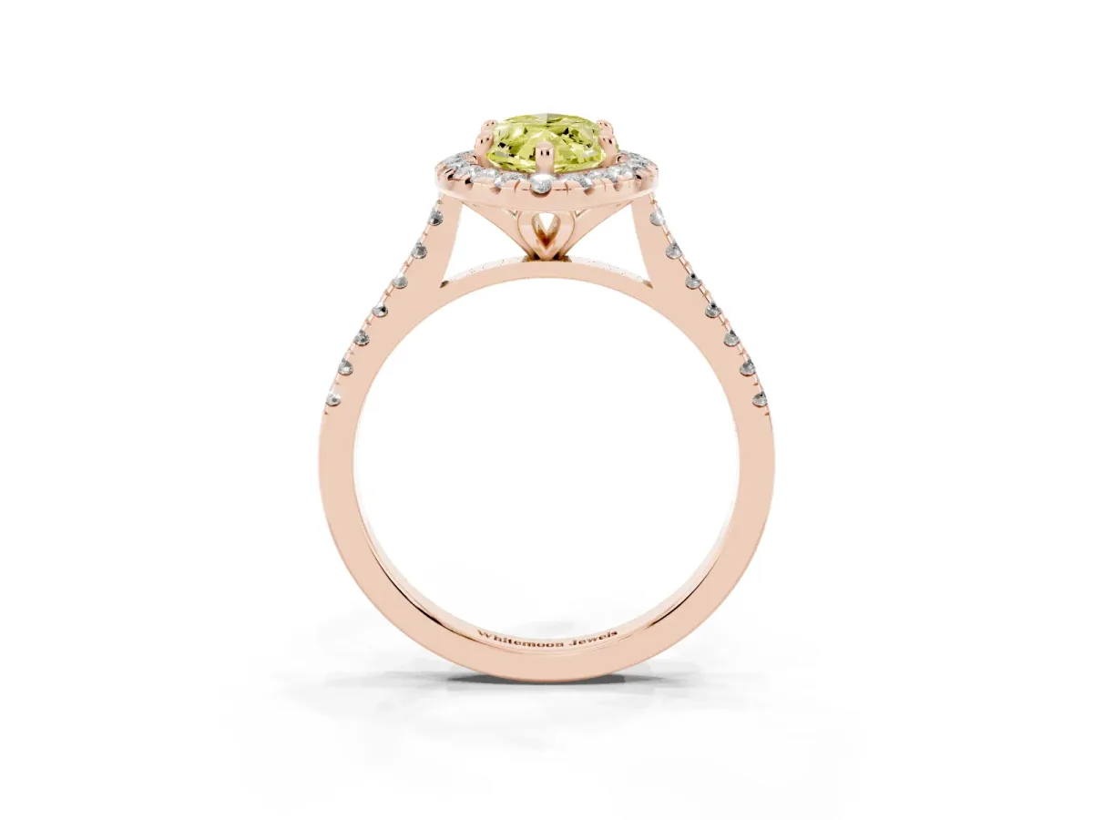 Fancy Yellow Marquise Cut Diamond Cushion Halo Ring with Pavé Band Rose gold