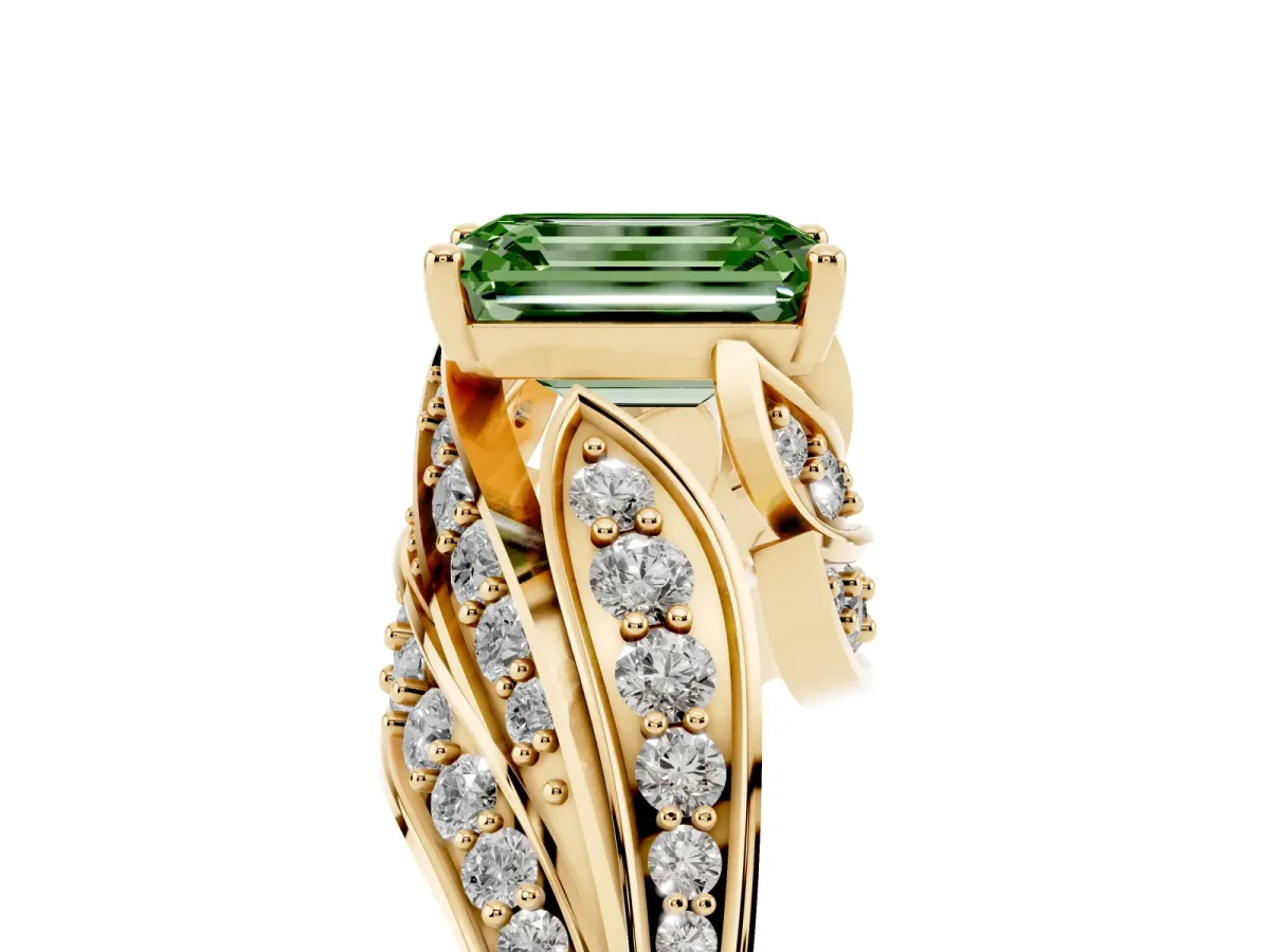 Fancy Green Emerald Cut Diamond Solitaire Ring with Prong Setting and Twisted Pavé Band Yellow gold