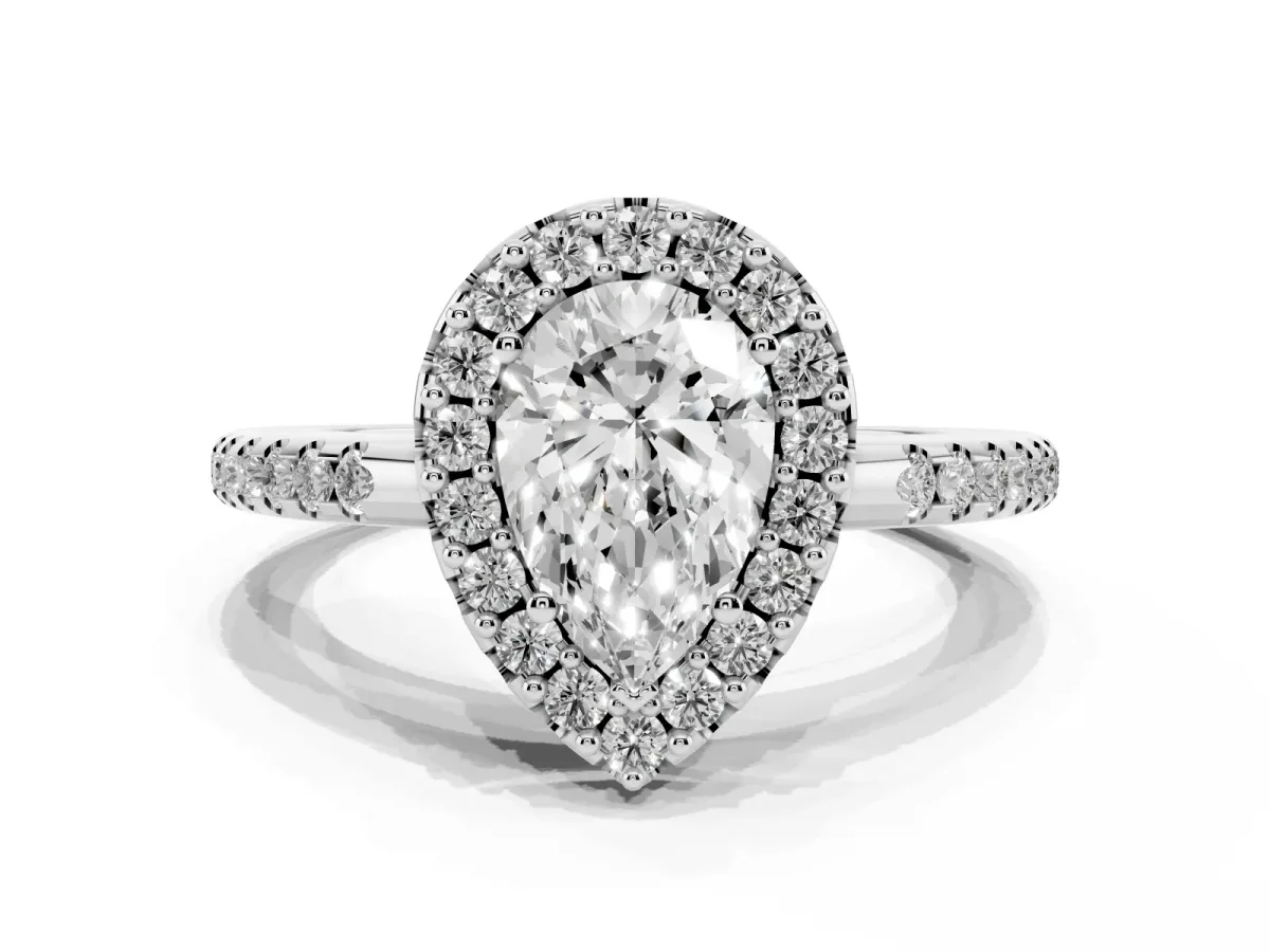 Pear Cut Diamond Pavé Halo Ring with Four-Prong Setting Platinum