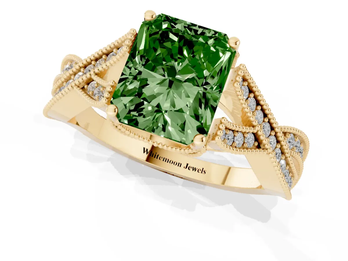 Fancy Green Radiant Cut Cut Diamond Twisted Band with Milgrain Pave Setting and Four-Prong Setting Yellow gold