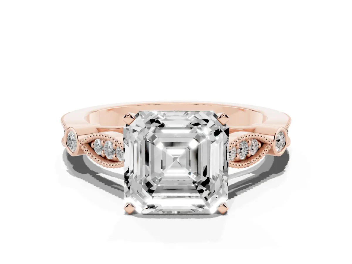 Asscher Cut Cut Diamond with Milgrain Marquise and Bezel Accents on a Solitaire Band with Prong Setting Rose gold