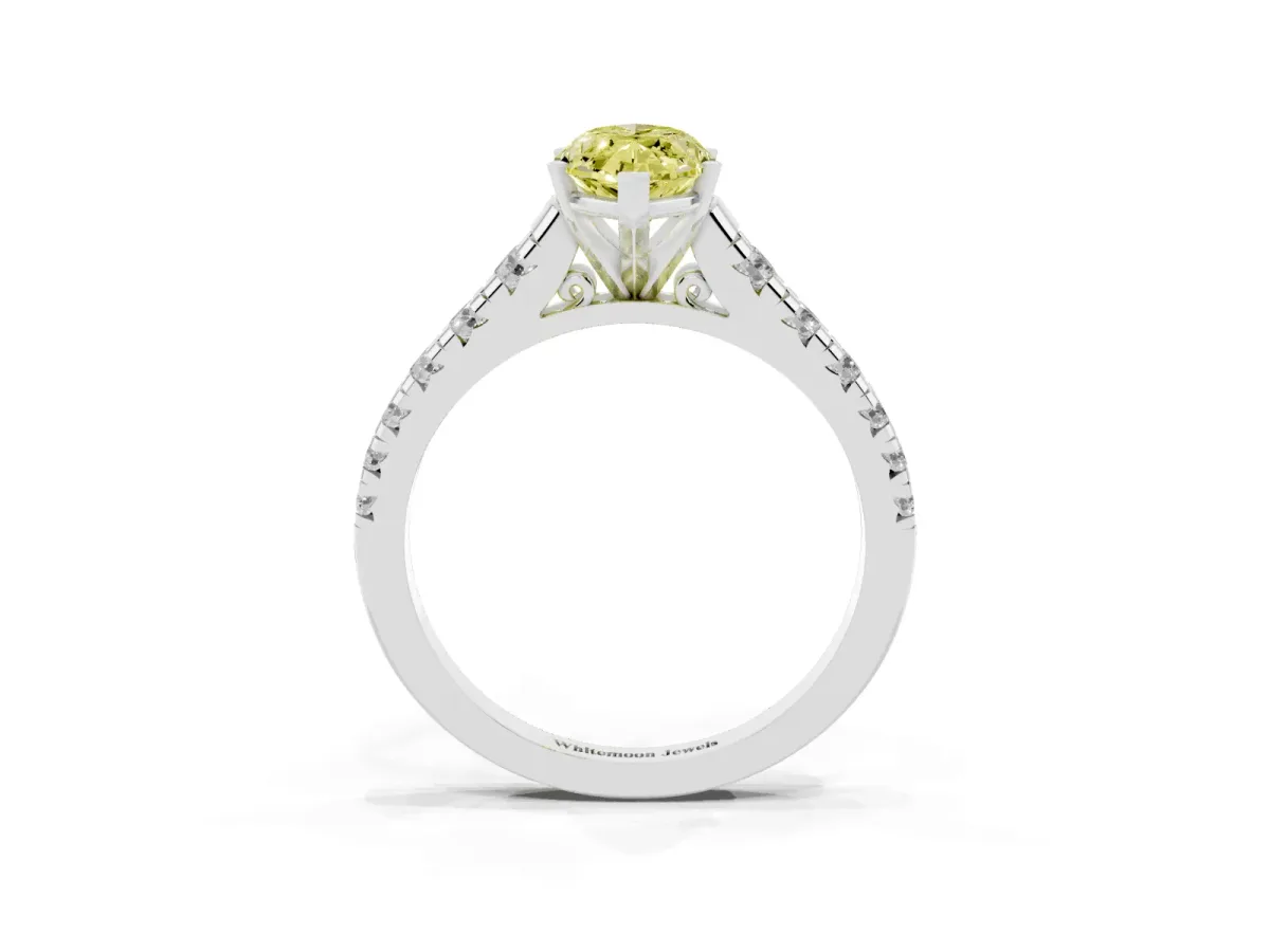 Fancy Yellow Marquise Cut Diamond Cathedral Solitaire Ring with Round Pavé Band Silver