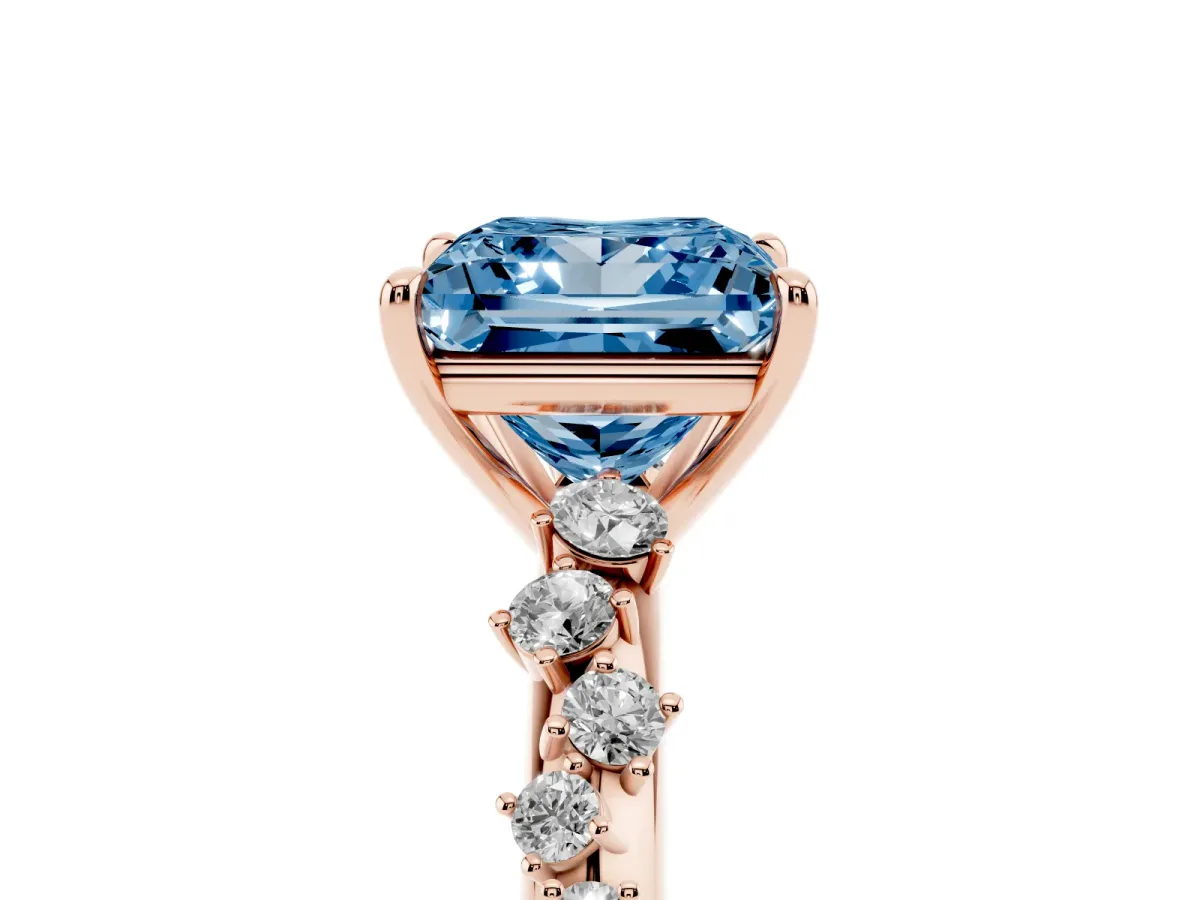 Fancy Blue Princess Cut Diamond Cluster Side Stone Solitaire Ring with Prong Setting Rose gold
