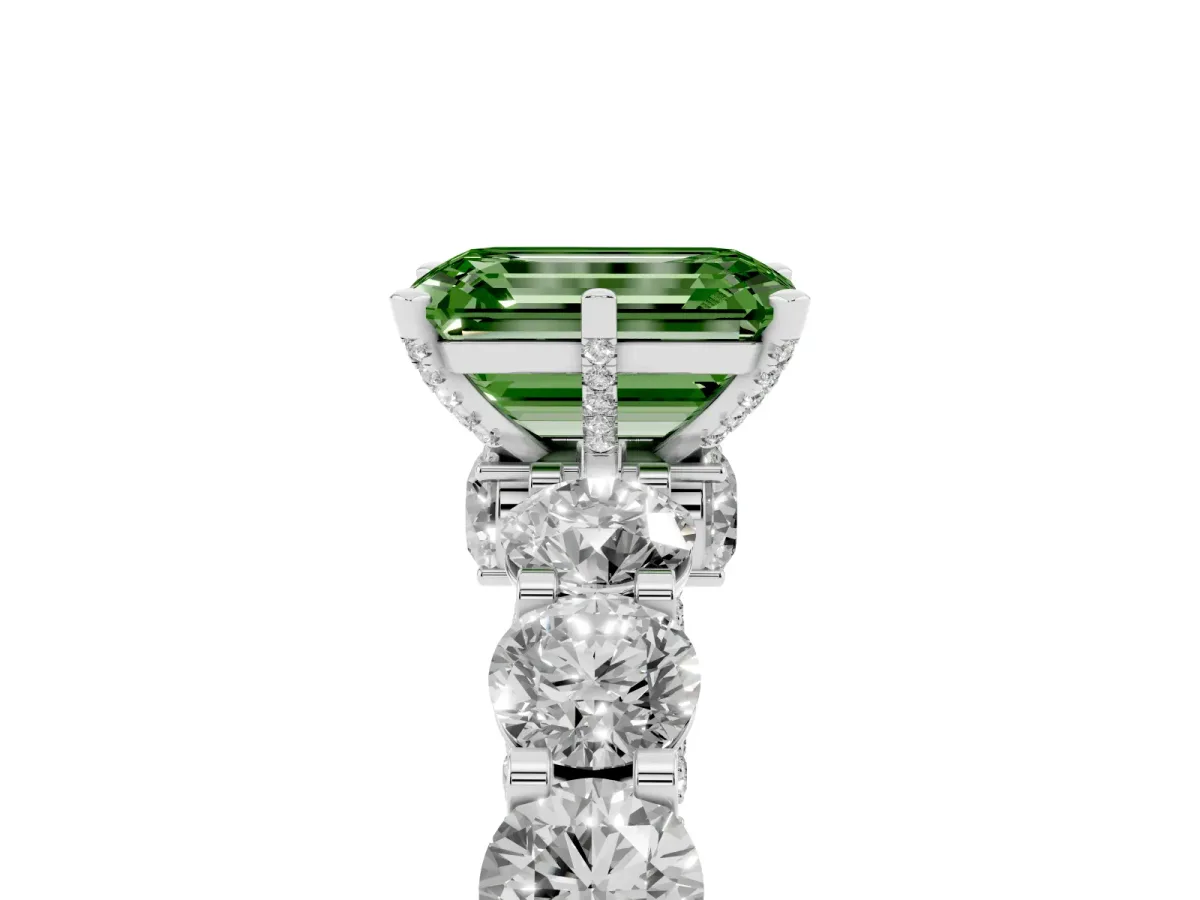 Fancy Green Emerald Cut Diamond Side Stone Engagement Ring with Four-Prong Setting Silver