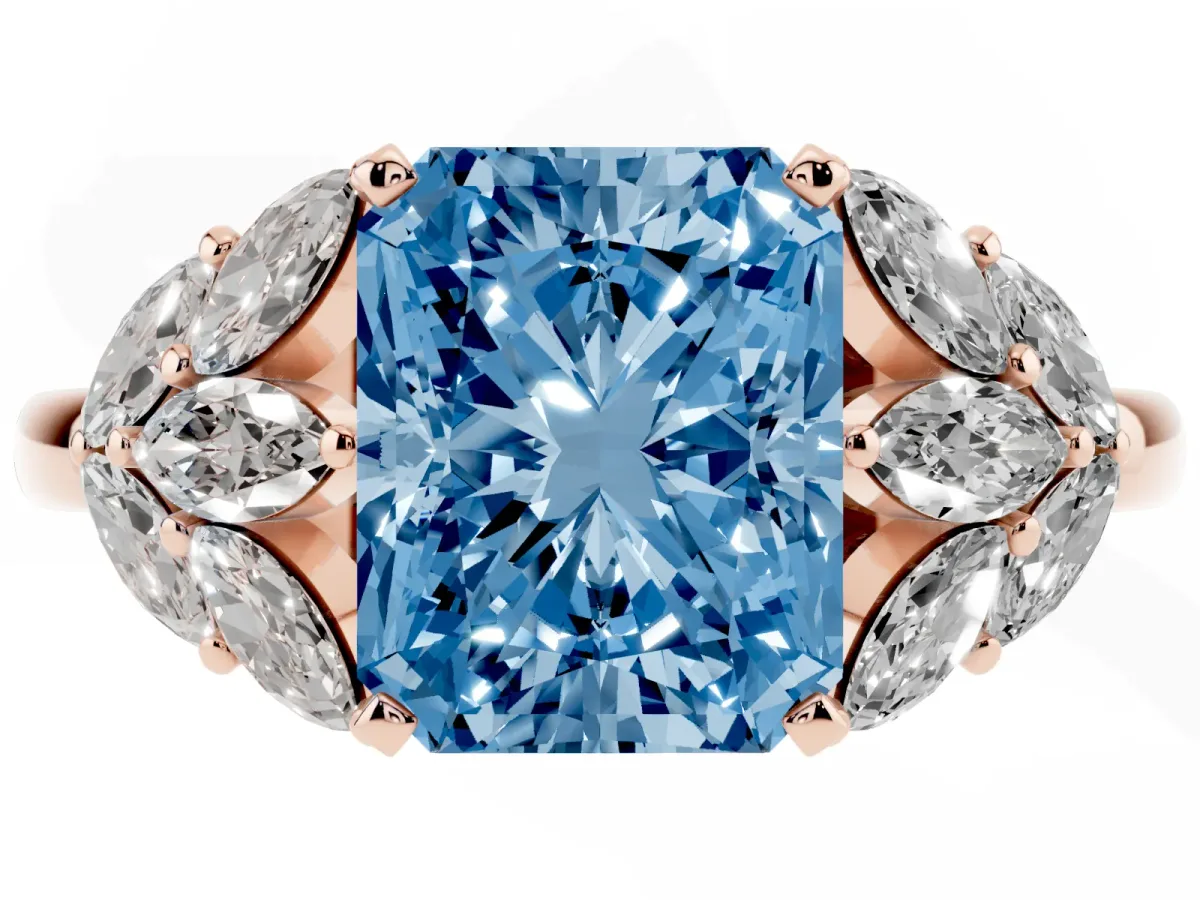 Fancy Blue Radiant Cut Diamond Cluster Leaf Design Ring with Prong Setting Rose gold