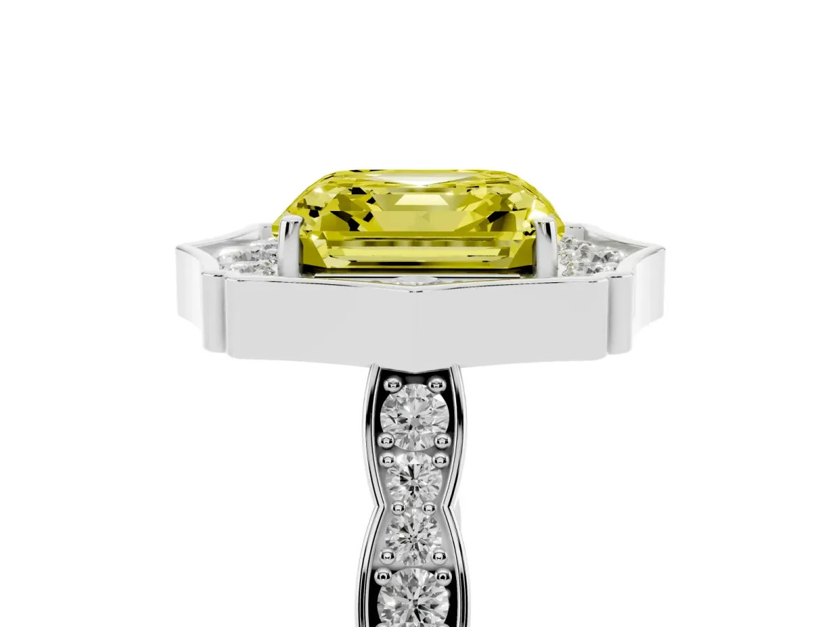 Fancy Yellow Asscher Cut Halo Diamond Engagement Ring with Milgrain Band and Four-Prong Setting Platinum