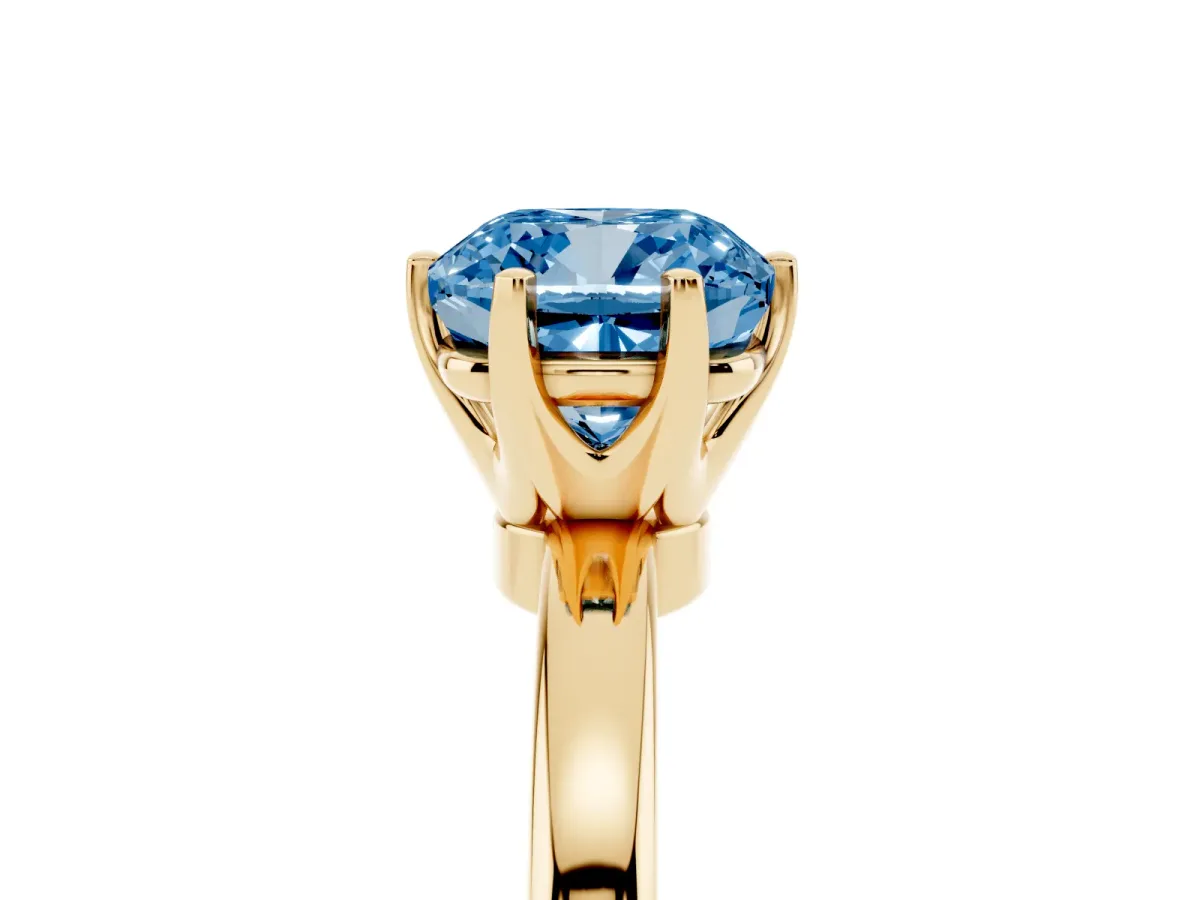 Fancy Blue Cushion Cut Solitaire Diamond Ring with Six-Prong Setting on a Classic Band Yellow gold