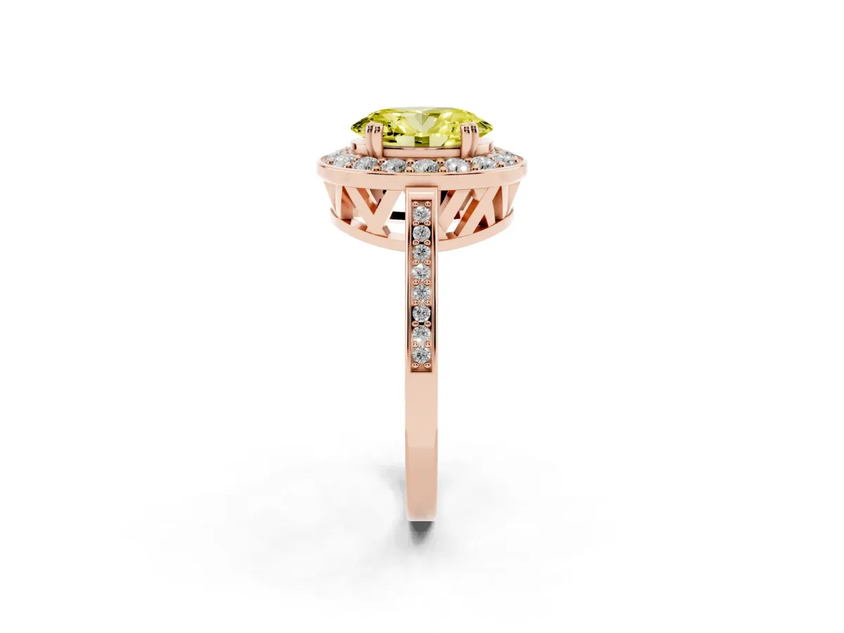 Fancy Yellow Oval Cut Diamond Halo Ring with Split Shank and Four-Prong Setting Rose gold