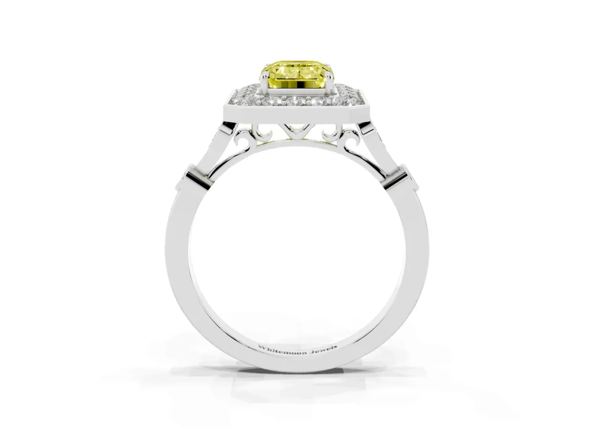 Fancy Yellow Emerald Cut Halo Diamond Engagement Ring with Twisted Band and Four-Prong Setting Platinum