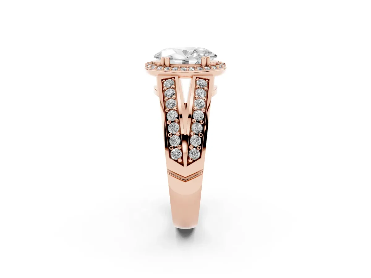 Oval Cut Diamond Halo Ring with Split Shank Pavé Band and Four-Prong Setting Rose gold