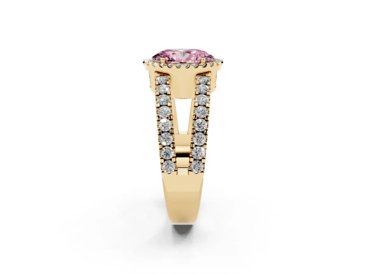 Fancy Pink Oval Cut Cut Halo Split Shank Diamond Ring with Four-Prong Setting Yellow gold