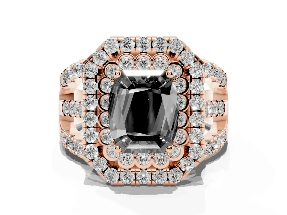 Fancy Black Emerald Cut Diamond Double Halo Ring with Round Pavé Split Shank and Prong Setting Rose gold