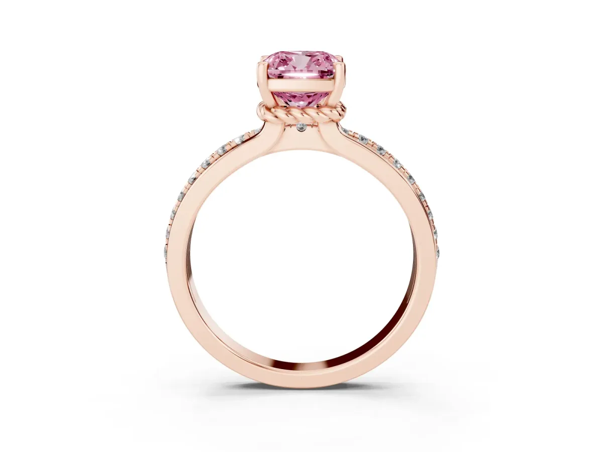 Fancy Pink Cushion Cut Solitaire Diamond Ring with Channel Set Band and Six-Prong Setting Rose gold