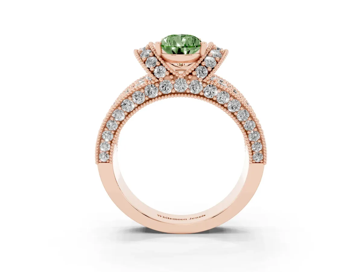 Fancy Green Pear Cut Halo Pave Diamond Engagement Ring with Milgrain Detailing Rose gold