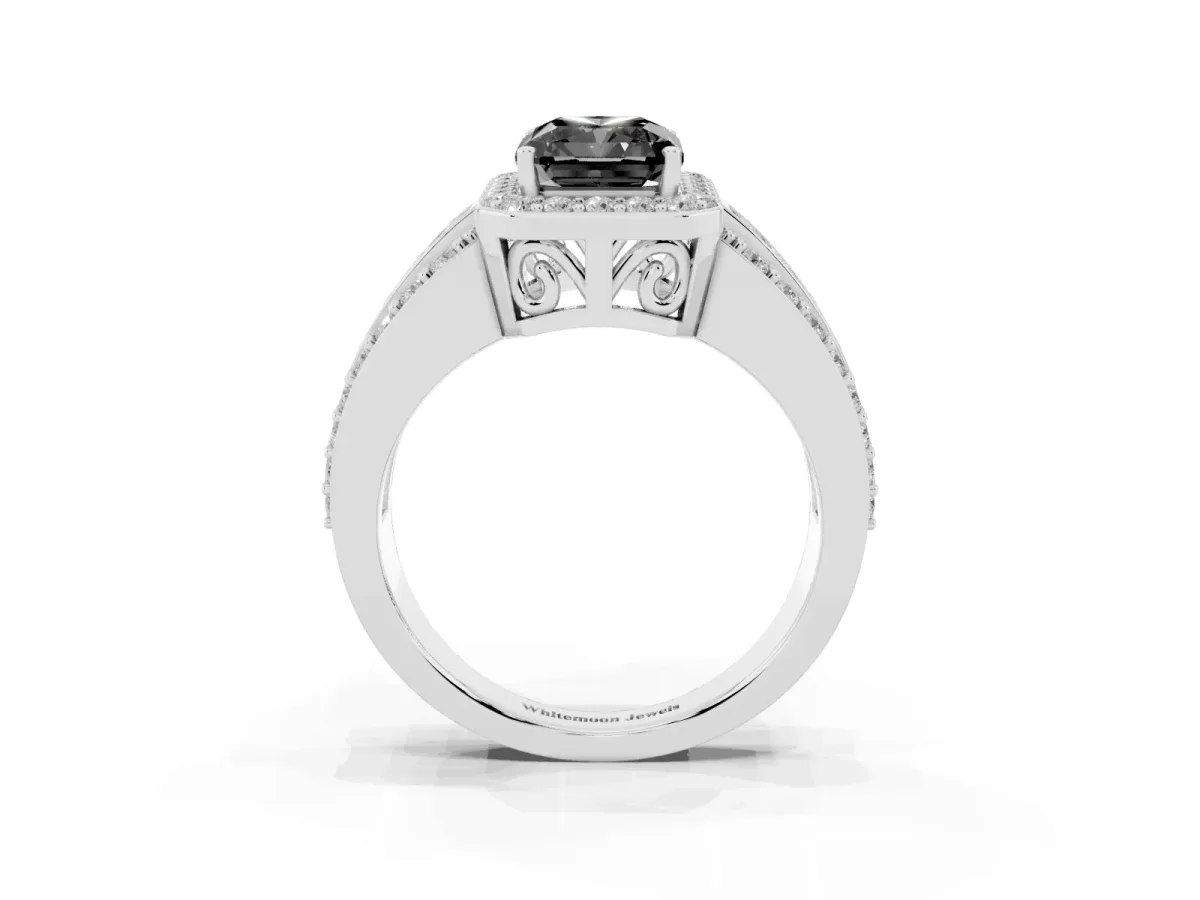 Fancy Black Radiant Cut Halo Diamond Ring with Round Split Shank and Prong Setting Silver