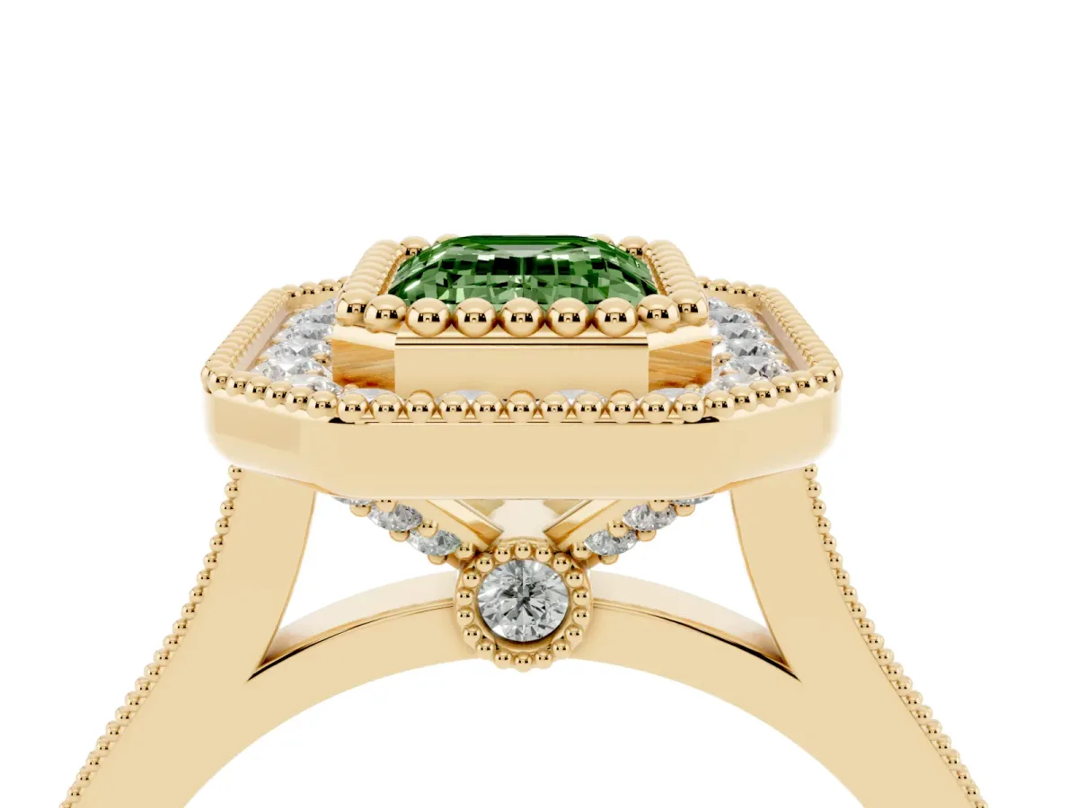 Fancy Green Emerald Cut Diamond Halo Ring with Milgrain Frame and Pavé Band Yellow gold