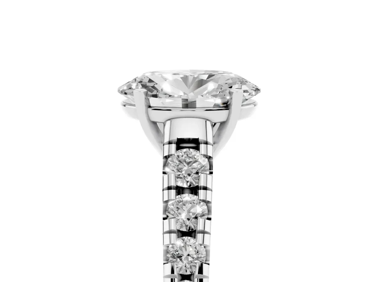 Oval Cut Diamond Cathedral Solitaire Ring with Round Pavé Band Silver