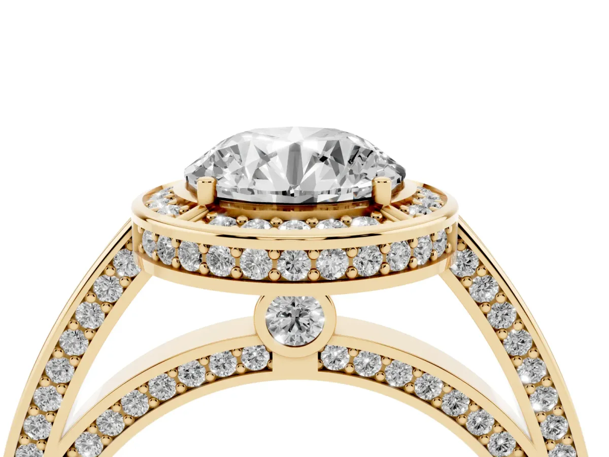 Round Cut Cut Halo Pave Split Shank Prong Setting Ring Yellow gold