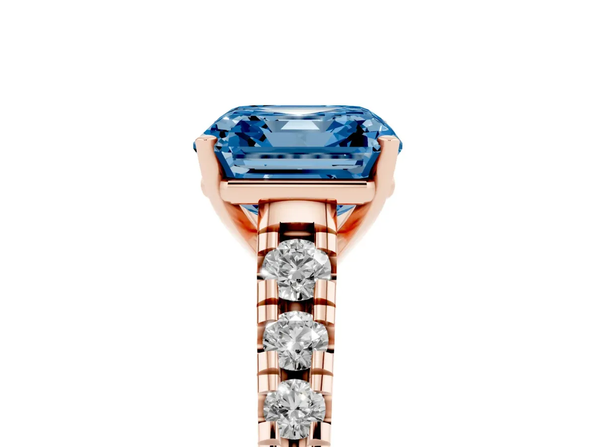 Fancy Blue Asscher Cut Diamond Cathedral Solitaire Ring with Round Pavé Band Rose gold