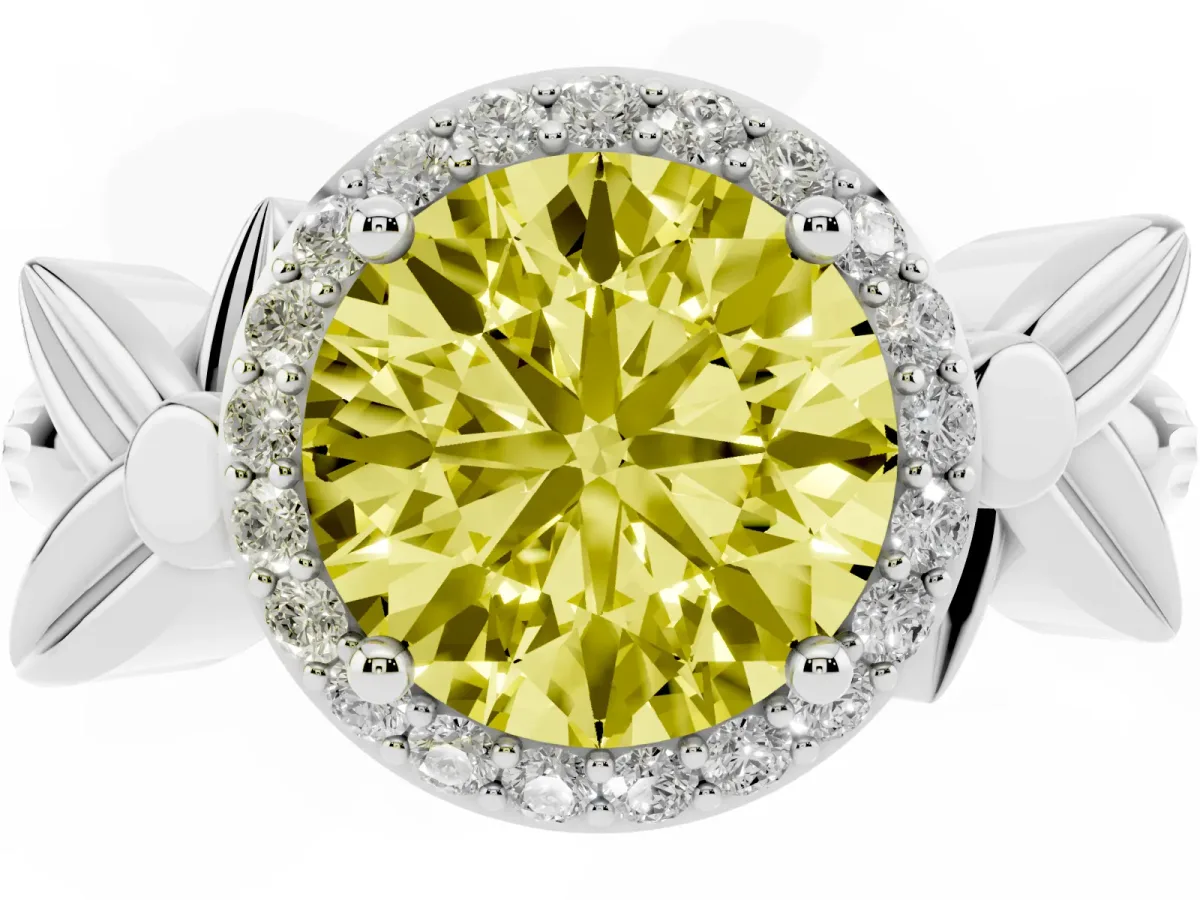 Fancy Yellow Round Cut Halo Diamond Floral Band with Four-Prong Setting White gold