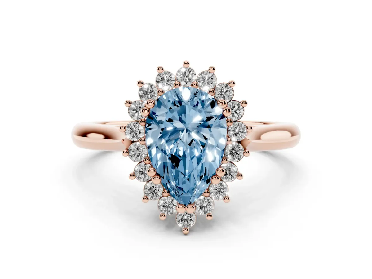 Fancy Blue Pear Cut Cut Diamond Halo Ring with Solitaire Band and Prong Setting Rose gold