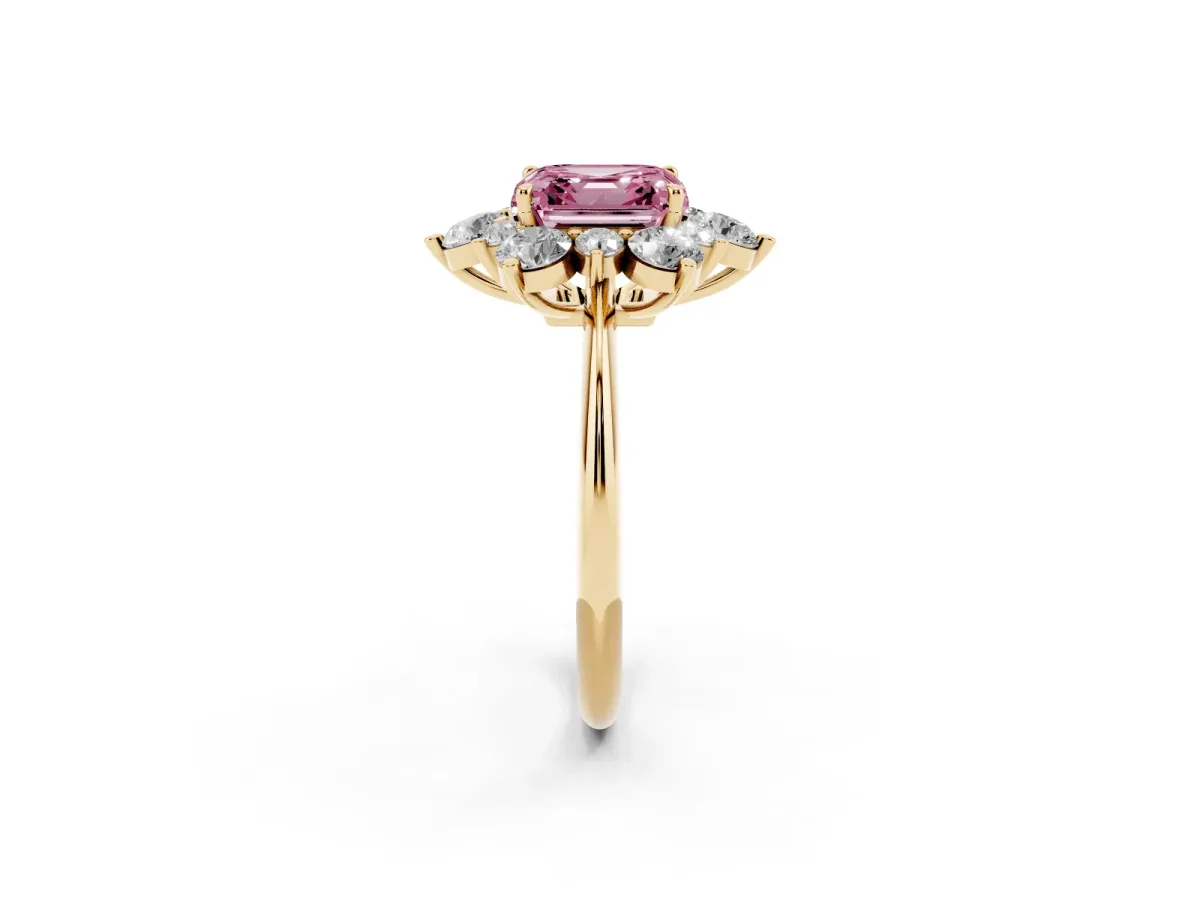 Fancy Pink Asscher Cut Diamond Cluster Halo Ring with Solitaire Band and Four-Prong Setting Yellow gold