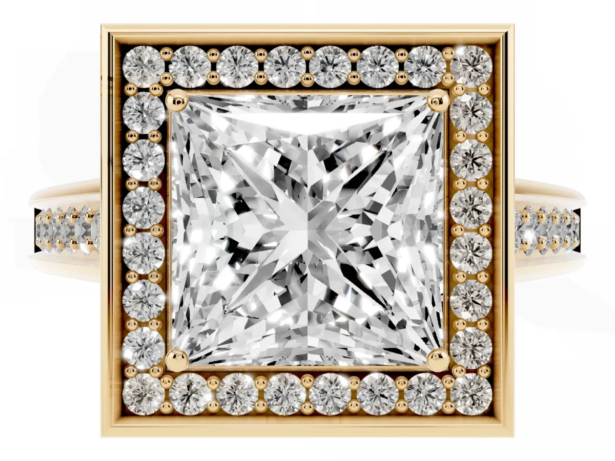 Princess Cut Halo Solitaire Diamond Ring with Pave Band and Bezel Setting Yellow gold