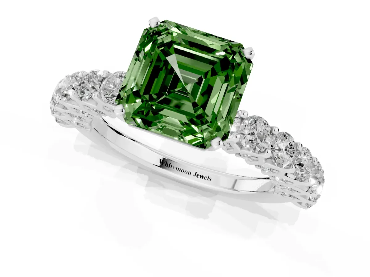 Fancy Green Asscher Cut Diamond Solitaire Ring with Shared Prong Pavé Band and Four-Prong Setting Silver