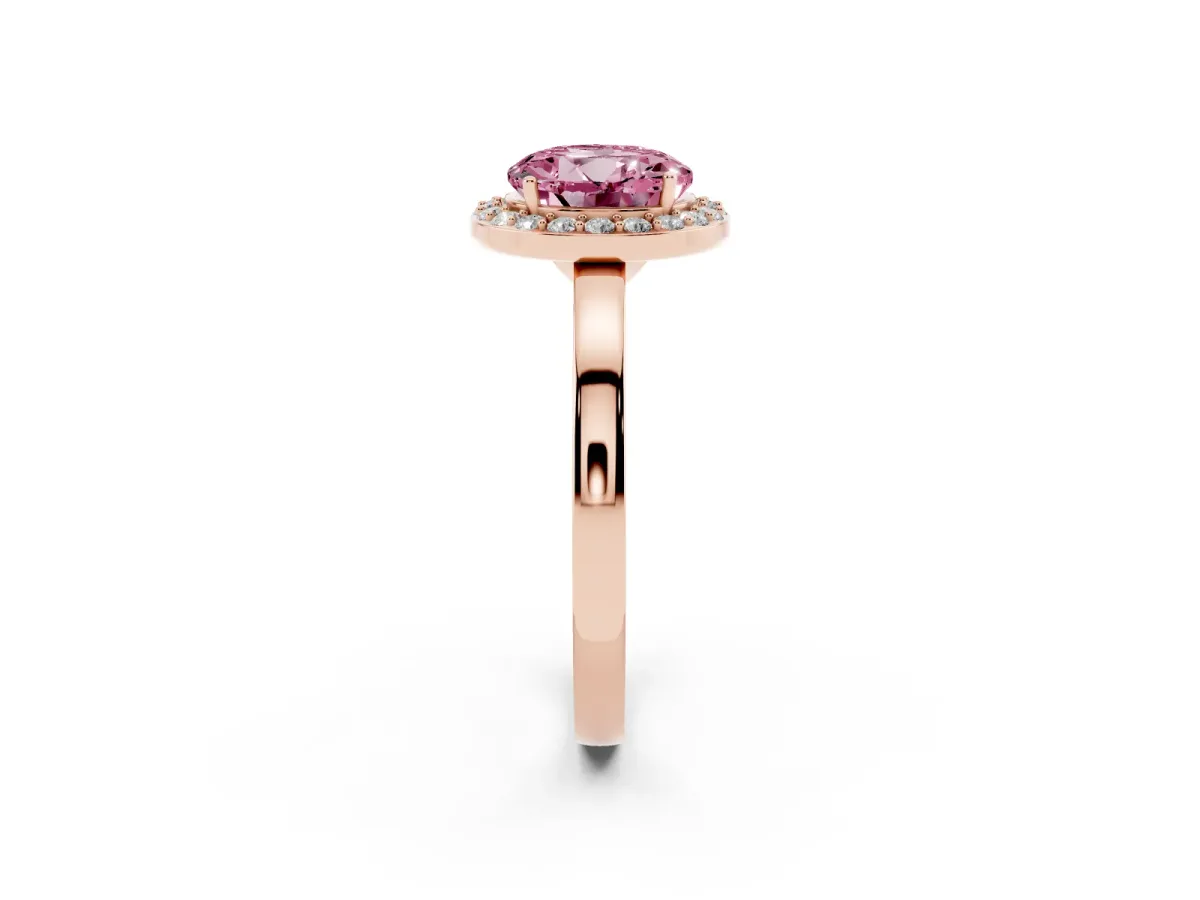 Fancy Pink Round Cut Halo Diamond Ring with Solitaire Band and Prong Setting Rose gold