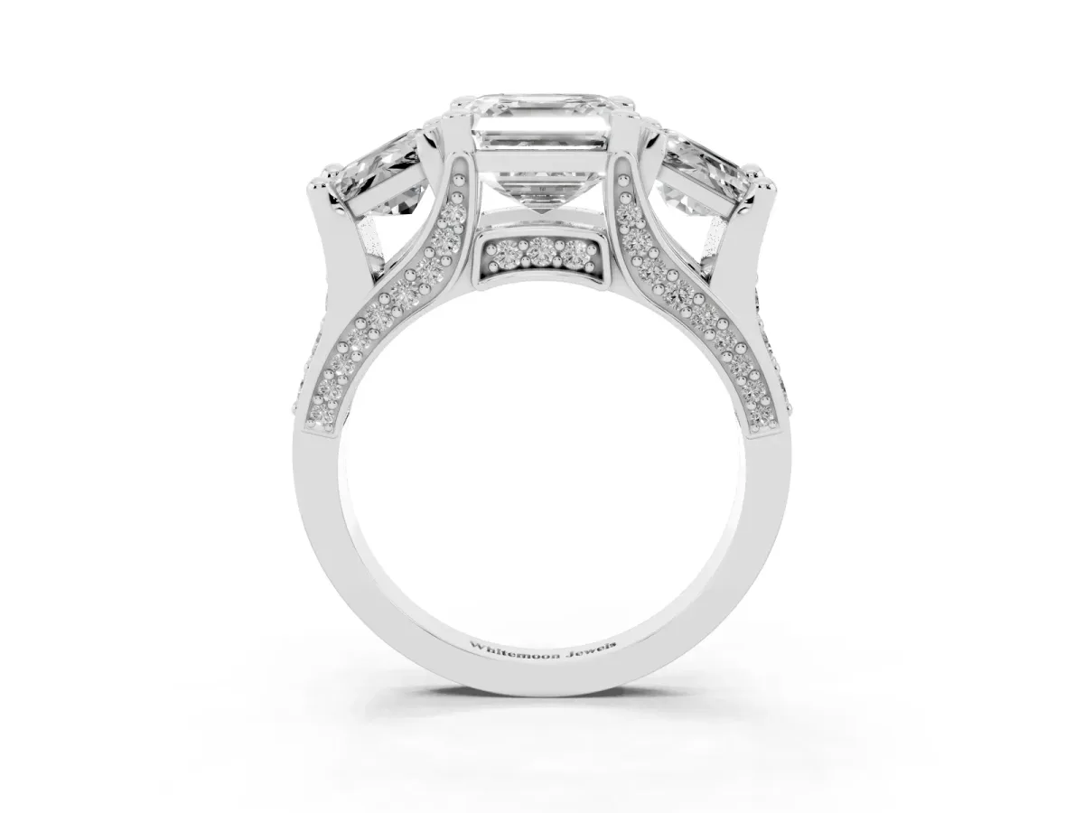 Asscher Cut Diamond Three-Stone Ring with Channel Set Band and Four-Prong Setting Silver
