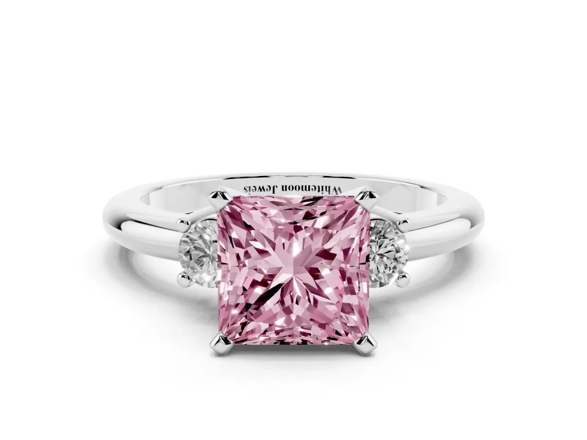 Fancy Pink Three-Stone Princess Cut Cut Diamond Solitaire with Prong Setting and Classic Band Silver