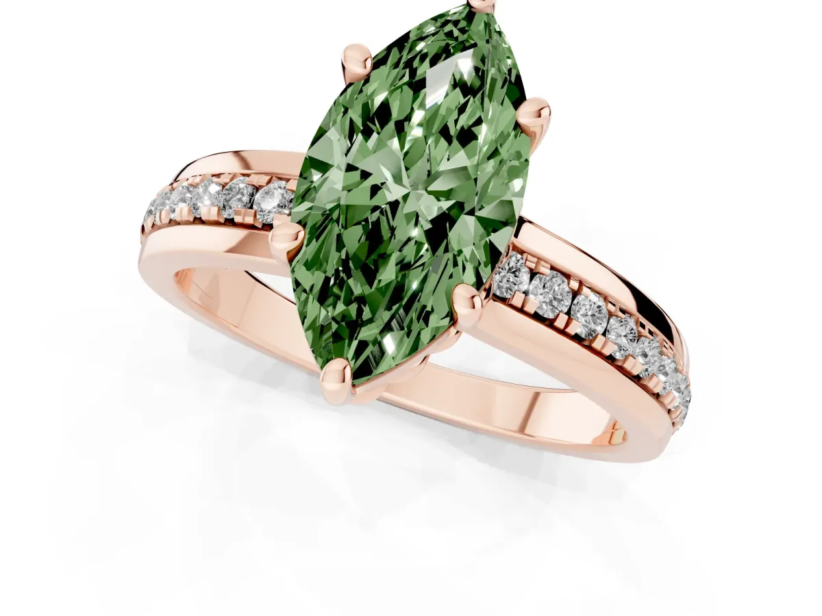 Fancy Green Marquise Cut Solitaire Diamond Ring with Channel Set Band and Six-Prong Setting Rose gold