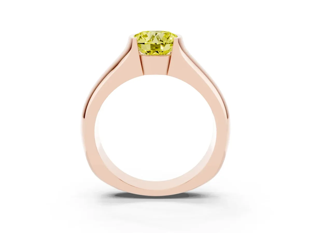 Fancy Yellow Round Cut Solitaire Bezel Set Diamond Ring with Wide Band Rose gold