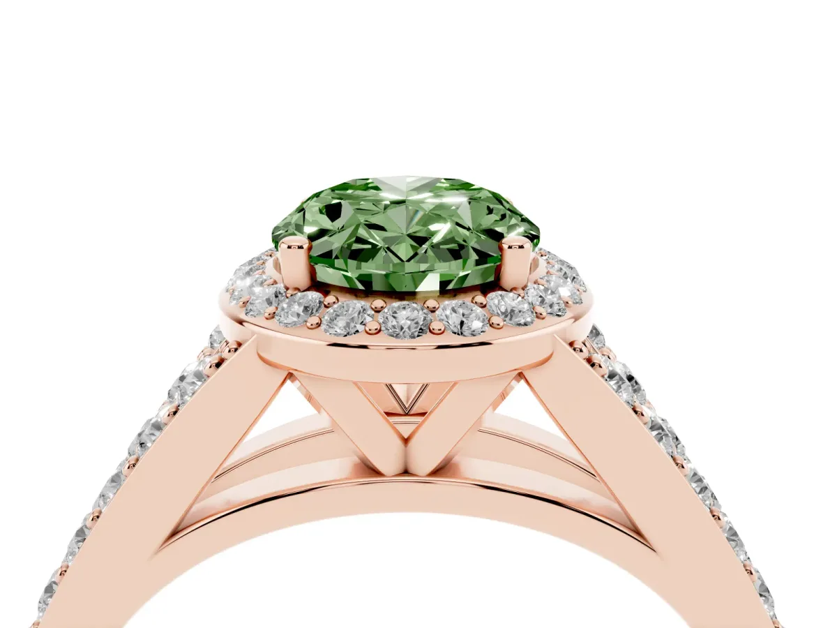 Fancy Green Oval Cut Diamond Split Shank Halo Ring with Four-Prong Setting Rose gold