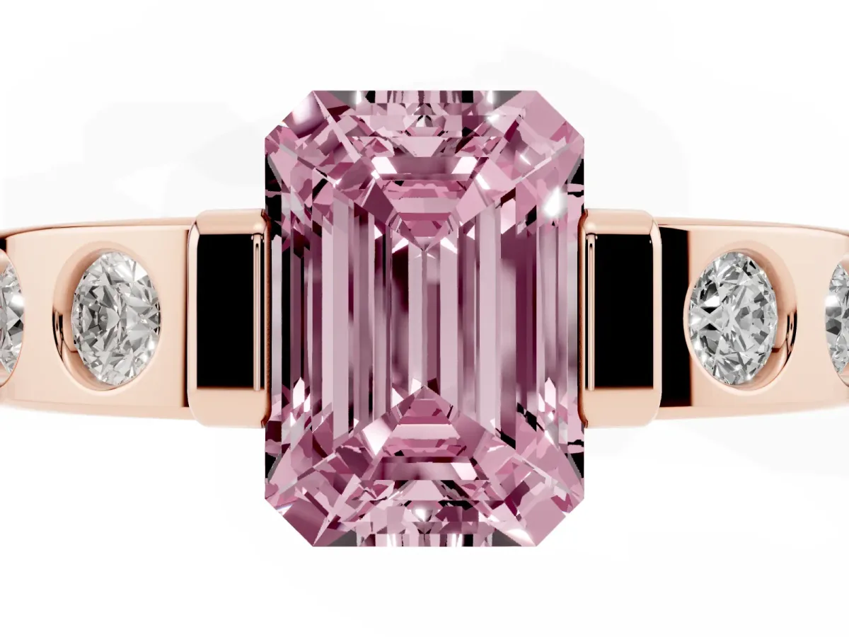 Fancy Pink Emerald Cut Brilliant Channel-Set Diamond Ring with Bezel Prong Setting Rose gold