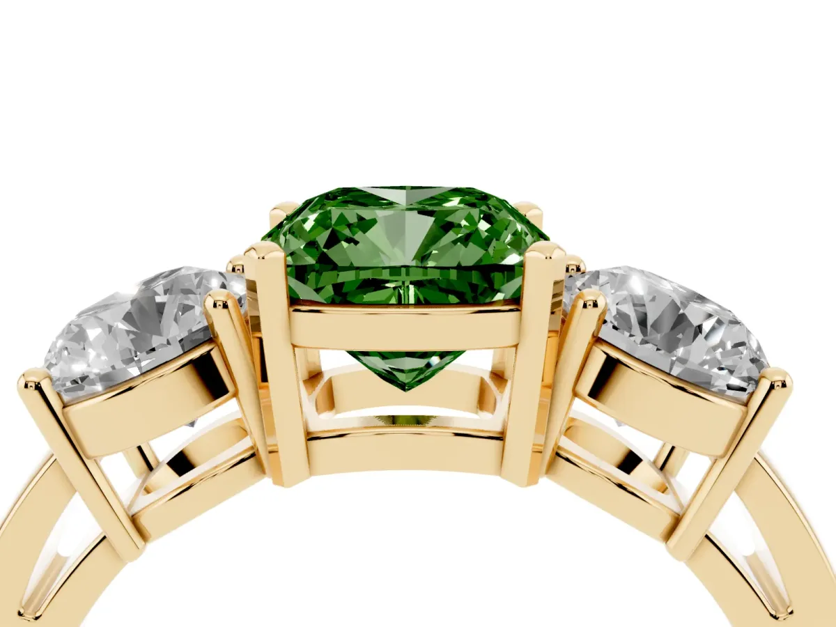 Fancy Green Three-Stone Cushion Cut Diamond Ring with Round Side Stones, Classic Band, and Four-Prong Setting Yellow gold