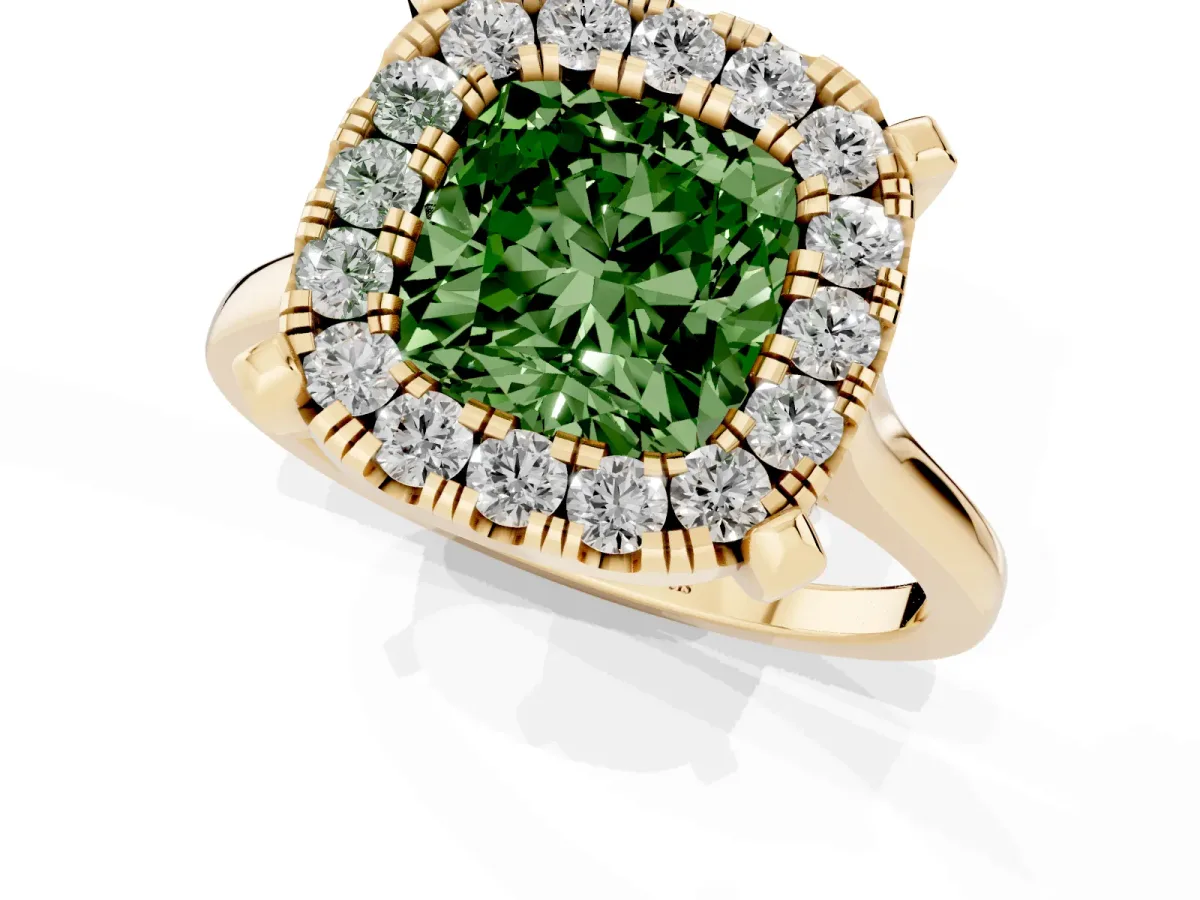 Fancy Green Cushion Cut Diamond Cluster Halo Solitaire with Four-Prong Setting Yellow gold