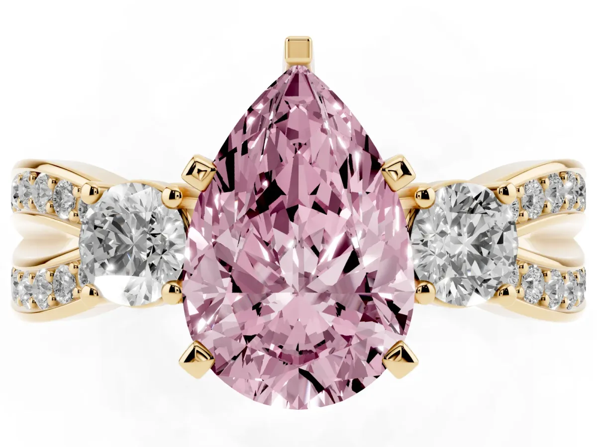 Fancy Pink Three-Stone Pear Cut Cut Diamond Twist Band with Prong Setting Yellow gold