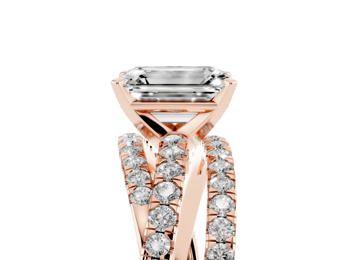 Emerald Cut Solitaire Twist Band with Pavé Setting and Four-Prong Setting Rose gold