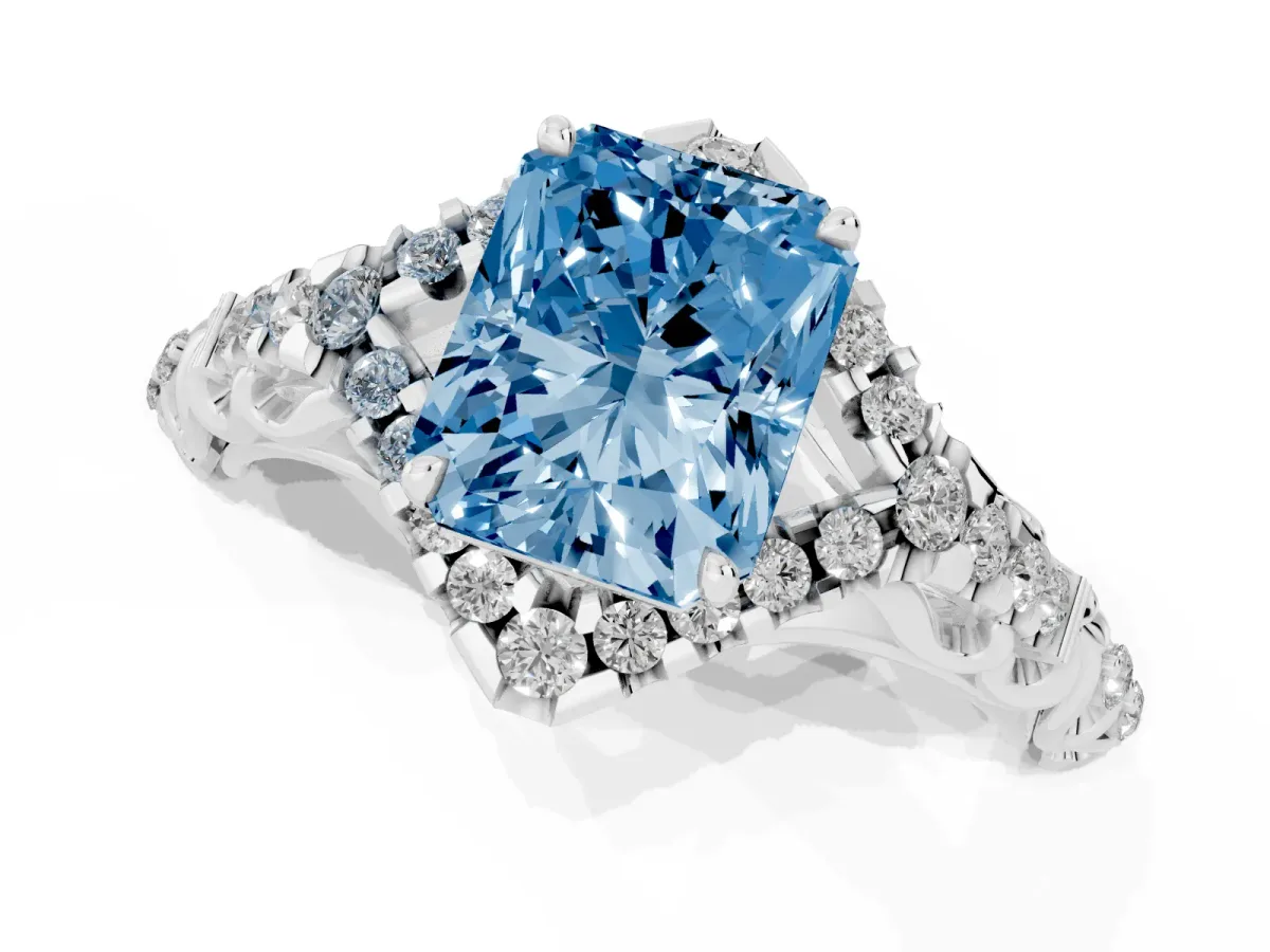 Fancy Blue Radiant Cut Diamond Solitaire Ring with Hidden Halo and Pavé Band White gold