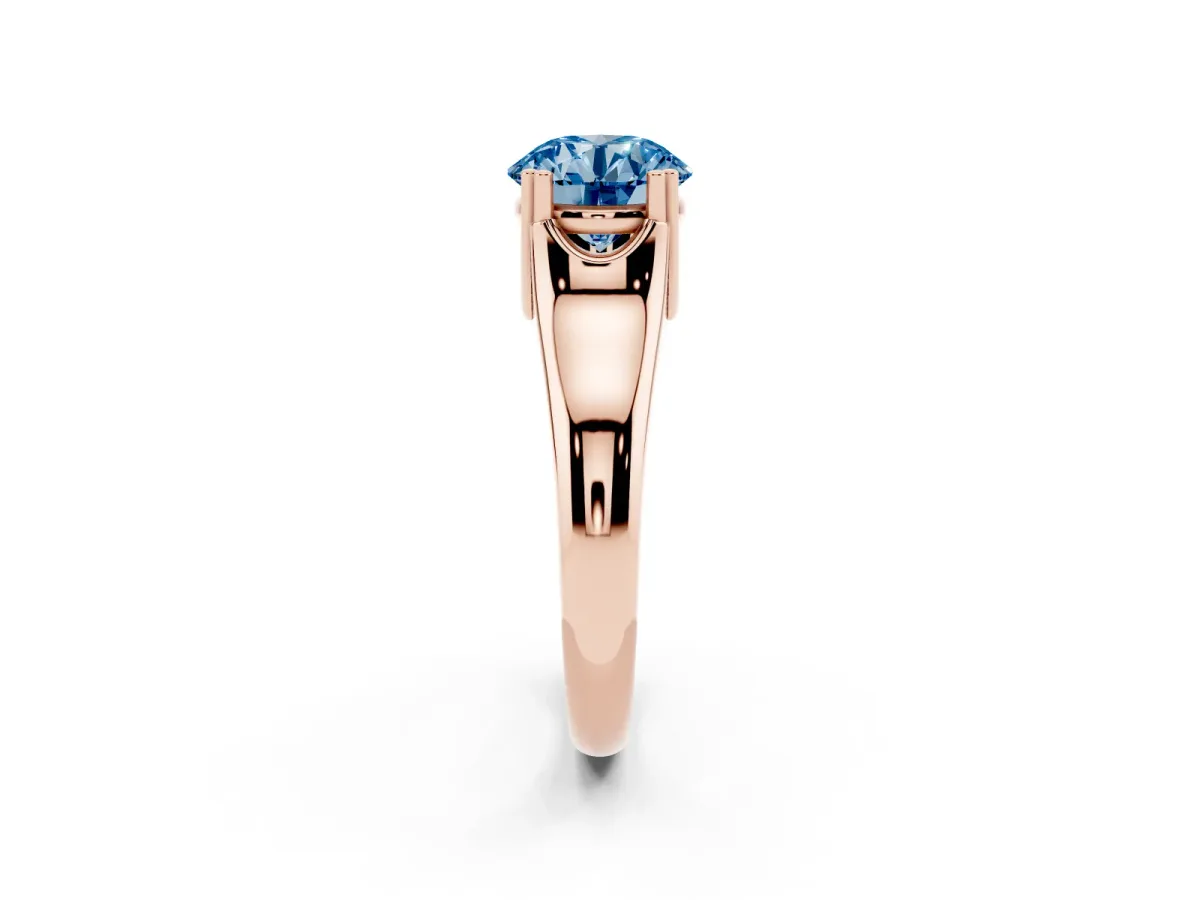 Fancy Blue Round Cut Diamond Solitaire Ring with Wide Band and Prong Setting Rose gold