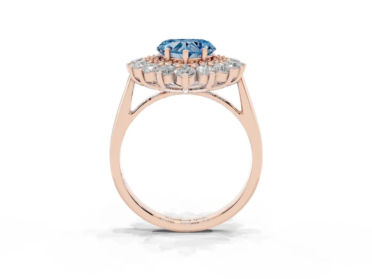 Fancy Blue Heart Cut Diamond Floral Double Halo Engagement Ring with Prong Setting Rose gold